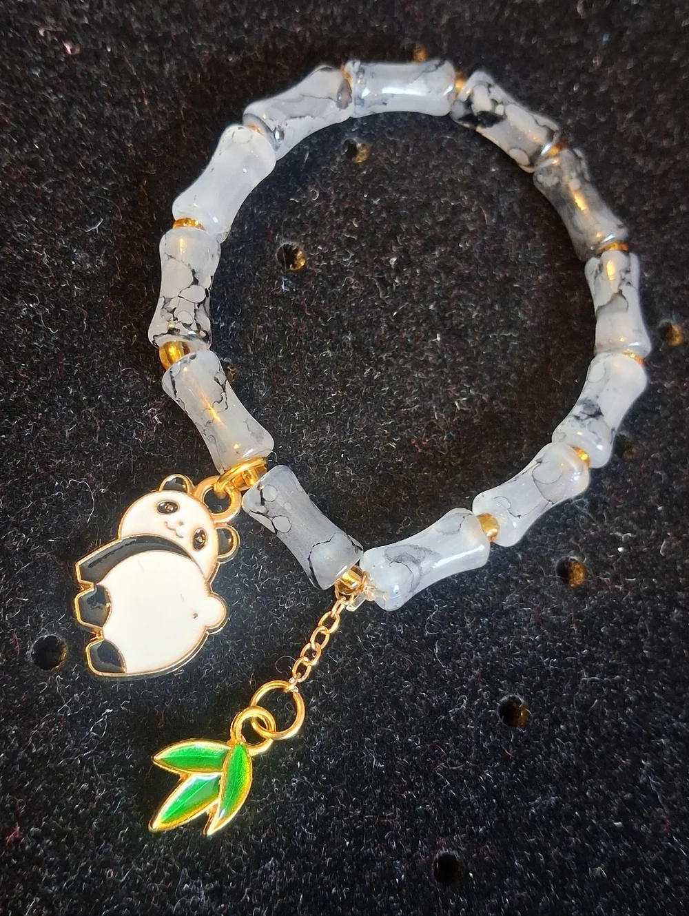 Kids Gray Marble Look Bamboo Shaped Bead Panda Charm Bracelet Goldtone Accents